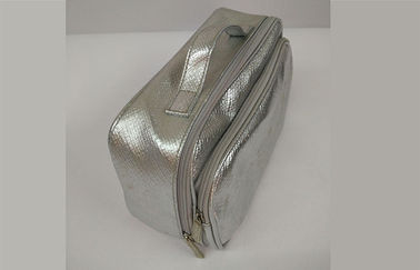 Spacious Girl Rectangular silver imitation leather Ladies Cosmetic Bags with Two Pockets