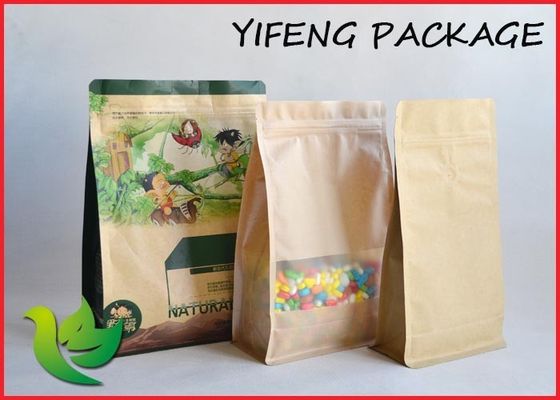 Flat Bottom Kraft Paper resealable stand up pouches Clear Window Printing